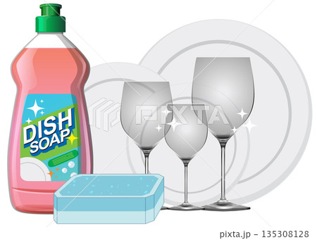 Dish Soap and Clean Wine Glasses with Sponge Illustration Dish Soap and Clean Wine Glasses with Sponge Illustration 135308128