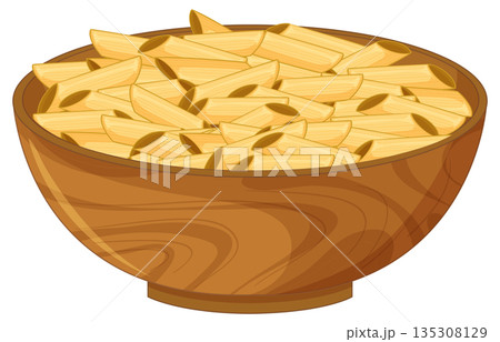Wooden Bowl Filled With Penne Pasta Illustration 135308129
