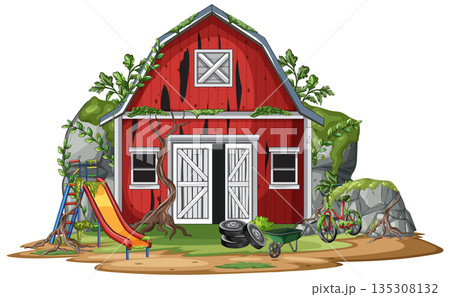 Overgrown Red Barn with Playground and Abandoned Objects 135308132