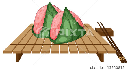 Strawberry Mochi Wrapped in Leaves on Bamboo Mat 135308134
