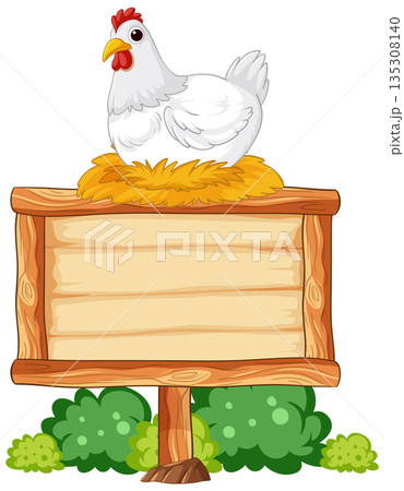 White Hen on Wooden Farm Sign with Nest and Bushes 135308140