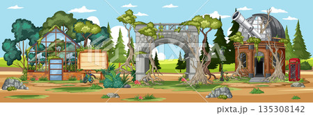 Overgrown Observatory and Greenhouse Ruins in Countryside Landscape Overgrown Observatory and Greenhouse Ruins in Countryside Landscape 135308142