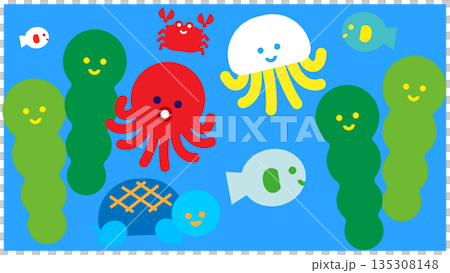 Illustration of cute sea creatures gathering in the ocean Illustration of cute sea creatures gathering in the ocean 135308148