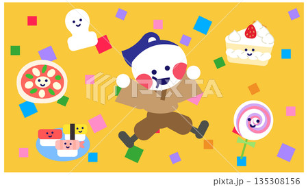 ごちそうに囲まれて喜ぶかわいいキャラクターのイラスト ごちそうに囲まれて喜ぶかわいいキャラクターのイラスト 135308156