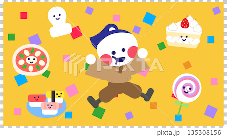 ごちそうに囲まれて喜ぶかわいいキャラクターのイラスト ごちそうに囲まれて喜ぶかわいいキャラクターのイラスト 135308156