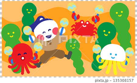 龍宮城裡被海洋生物包圍的浦島太郎的可愛插圖 龍宮城裡被海洋生物包圍的浦島太郎的可愛插圖 135308157