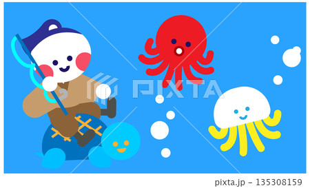 海の中で海の生き物たちと出会ううらしまたろうのかわいいイラスト 海の中で海の生き物たちと出会ううらしまたろうのかわいいイラスト 135308159