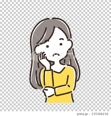 一位年輕女子歪著頭沉思 / 簡單的顏色 / 單件物品 135308216