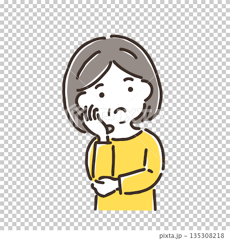 A middle-aged woman tilting her head in thought / Simple color / Single item 135308218