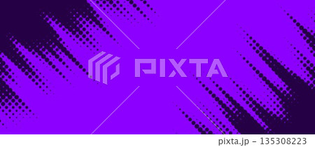 Purple dynamic halftone background. Rough dotted diagonal pattern effect. Abstract jagged tilted stripes wallpaper. Grunge comic speed lines backdrop. Bright sport banner design template. Vector 135308223