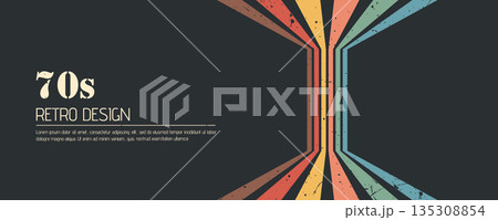 Stripe rainbow groovy. Graphic 70s style banner with artistic lines. Bold retro stripes for vintage prints or web banners. Vector illustration 135308854