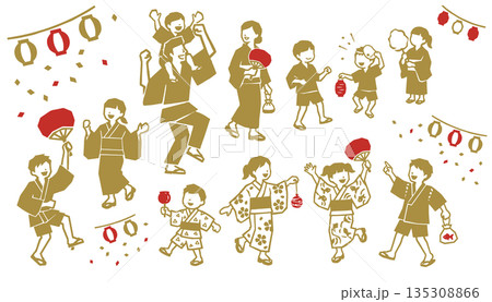 夏祭りの版画風イラストセット。浴衣姿の親子や子供たちが盆踊りや屋台を楽しむベクター素材 135308866