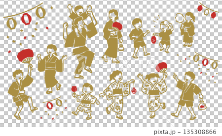夏祭りの版画風イラストセット。浴衣姿の親子や子供たちが盆踊りや屋台を楽しむベクター素材 135308866