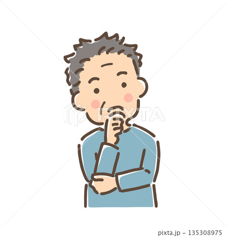 首をかしげて考え事をしている中年男性／単品 135308975