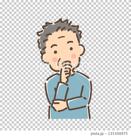 首をかしげて考え事をしている中年男性／単品 135308975