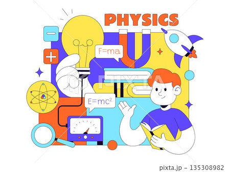 Physics Education Vector Illustration Showing Students Investigating Electricity, Magnetism, Light Waves, Forces, Scientific Technology Exploration Physics Education Vector Illustration Showing Students Investigating Electricity, Magnetism, Light Waves, Forces, Scientific Technology Exploration 135308982