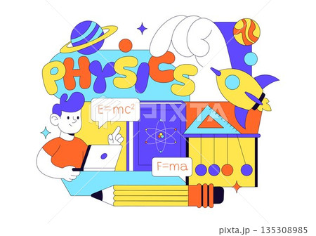 Physics Education Vector Illustration Showing Students Investigating Electricity, Magnetism, Light Waves, Forces, Scientific Technology Exploration 135308985