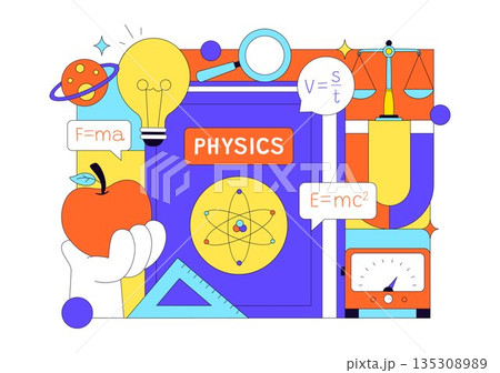 Physics Education Vector Illustration Showing Students Investigating Electricity, Magnetism, Light Waves, Forces, Scientific Technology Exploration 135308989