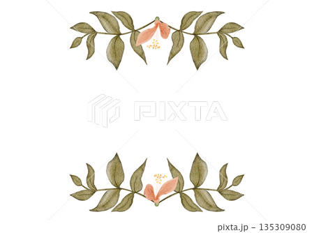 Floral frame horizontal border, peach blossoms, green leaves, watercolor hand-painted illustration isolated on white, botanical design ideal for wedding stationery, invitations, greeting cards Floral frame horizontal border, peach blossoms, green leaves, watercolor hand-painted illustration isolated on white, botanical design ideal for wedding stationery, invitations, greeting cards 135309080