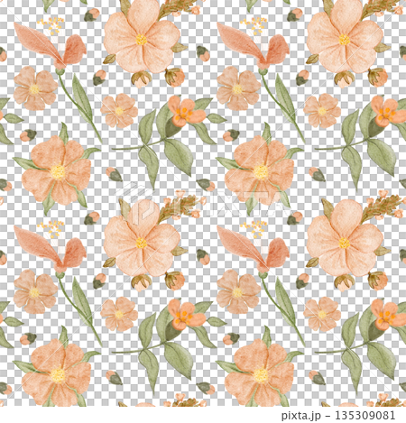 Seamless watercolor floral pattern peach flowers, green foliage in balanced botanical composition on white background. Elegant surface design for fashion textiles, wallpaper, packaging, home decor. Seamless watercolor floral pattern peach flowers, green foliage in balanced botanical composition on white background. Elegant surface design for fashion textiles, wallpaper, packaging, home decor. 135309081