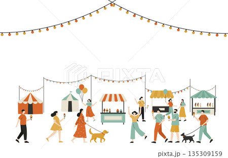 賑やかなフードフェスや夏祭りの会場を楽しむ人々と屋台の背景イラスト素材 賑やかなフードフェスや夏祭りの会場を楽しむ人々と屋台の背景イラスト素材 135309159