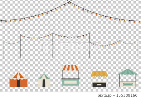 お祭りやイベント会場の設営をイメージした屋台テントと電飾の背景イラスト素材 お祭りやイベント会場の設営をイメージした屋台テントと電飾の背景イラスト素材 135309160