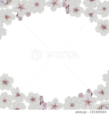 【桜の花のフレーム】手刺繍イラスト素材 135309164