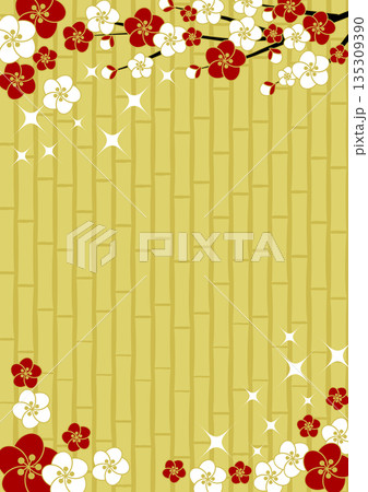 梅と竹垣、金、背景イラスト、かわいい、シンプル、縦 135309390