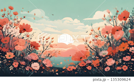 カラフルな花々が咲く景色と朝日の風景のイラスト 135309624