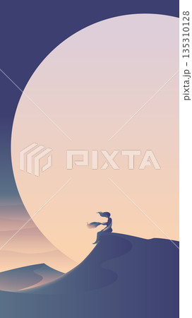 Minimalist vector illustration of lonely woman silhouette sitting against giant moon Minimalist vector illustration of lonely woman silhouette sitting against giant moon 135310128