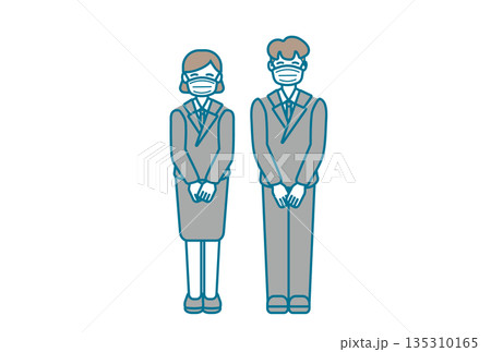 マスクをして立っているスーツ姿の男女のイラスト 135310165