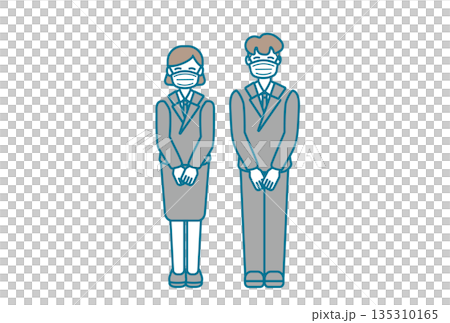マスクをして立っているスーツ姿の男女のイラスト 135310165