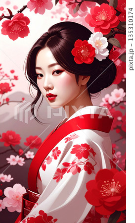 椿と女性 135310174