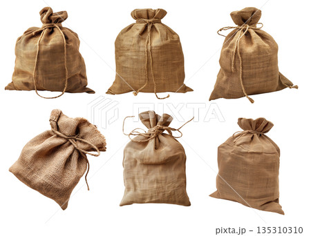 Set of Burlap sack on transparent background cutout, PNG file. Mockup template for artwork graphic design 135310310