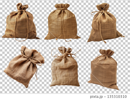 Set of Burlap sack on transparent background cutout, PNG file. Mockup template for artwork graphic design 135310310