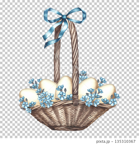 Easter eggs in a wicker basket with forget-me-not flowers. Hand-drawn watercolor illustration. For Easter greeting cards and invitations. For packaging, labels, textiles, and more. 135310367