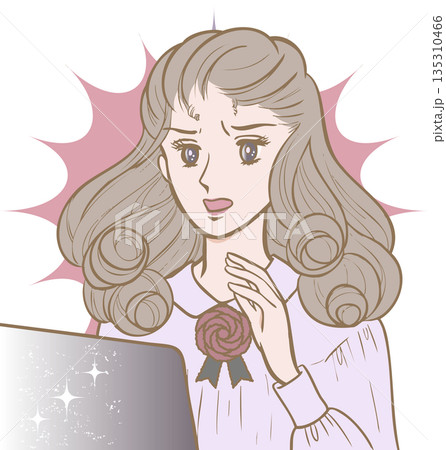 昭和の少女マンガ風・パソコンの前でショックを受ける女性 カラー 135310466