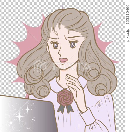 昭和の少女マンガ風・パソコンの前でショックを受ける女性 カラー 135310466