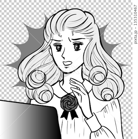 昭和時代少女漫畫風格，電腦前一臉震驚的女子，黑白畫面 135310467