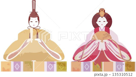 ひな祭りの水彩画イラスト 桃の節句の雛人形素材 ひな祭りの水彩画イラスト 桃の節句の雛人形素材 135310512