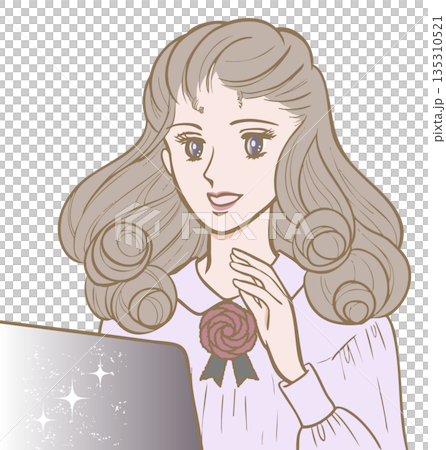 昭和時代少女漫畫風格,帶著微笑的女子坐在電腦前,彩色。 昭和時代少女漫畫風格,帶著微笑的女子坐在電腦前,彩色。 135310521