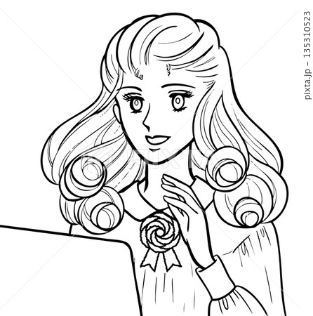 昭和の少女マンガ風・パソコン前の笑顔の女性 線画 135310523