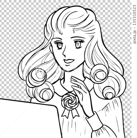 昭和の少女マンガ風・パソコン前の笑顔の女性 線画 135310523