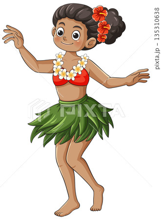 Smiling Girl Dancing Hula in Traditional Hawaiian Costume 135310638
