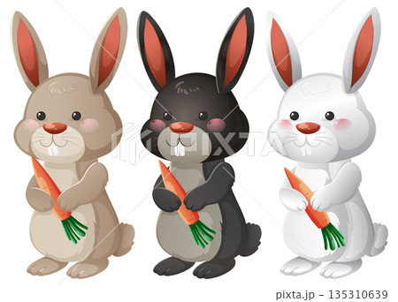 Three Cartoon Rabbits Holding Carrots in a Row 135310639