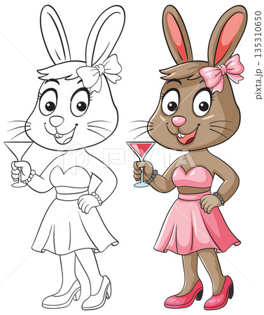 Cartoon Bunny in Pink Dress Holding Cocktail Glass Cartoon Bunny in Pink Dress Holding Cocktail Glass 135310650