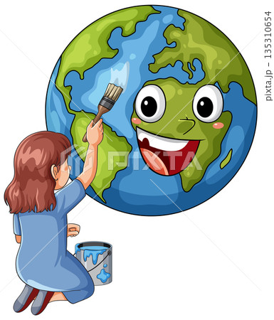 Girl Painting Happy Cartoon Earth Planet Illustration 135310654