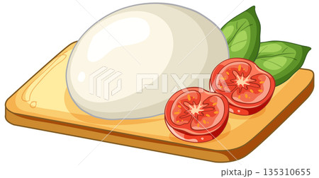 Fresh Mozzarella Cheese Ball with Sliced Tomatoes and Basil on Board 135310655
