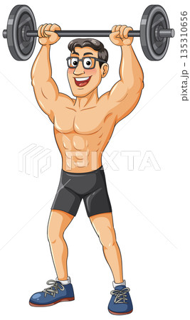 Muscular Cartoon Man Lifting Barbell Overhead in Gym Shorts 135310656