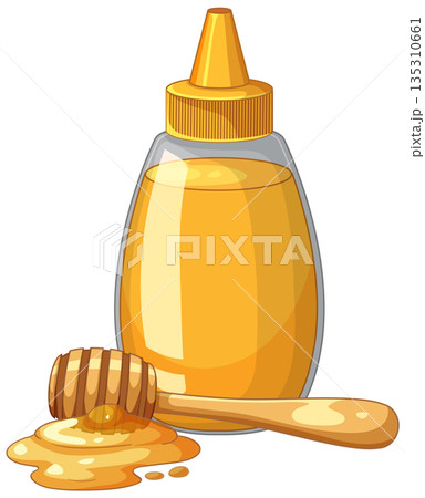 Vector Illustration of a Honey Squeeze Bottle and Wooden Dipper Vector Illustration of a Honey Squeeze Bottle and Wooden Dipper 135310661